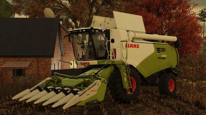 fs25-mods,  FS25 Claas Tucano Pack V1.0.0.0 mod featuring a Claas combine harvester in a farm setting.