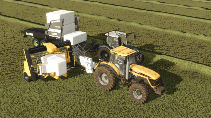 fs25-mods,  FS25 mod Custom Bale Support Pack v1.0.0.0 showcasing tractors with machinery on a field, highlighting efficient bale handling.