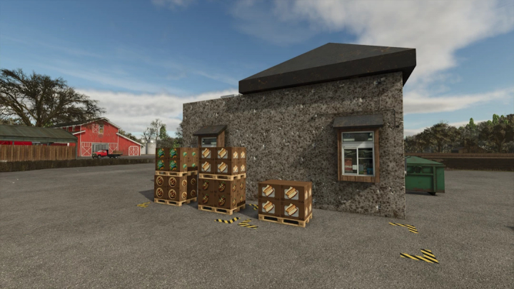 fs25-mods,  FS25 mod Dawgs Fast Food v1.0.0.0 showing food crates by a rustic building.