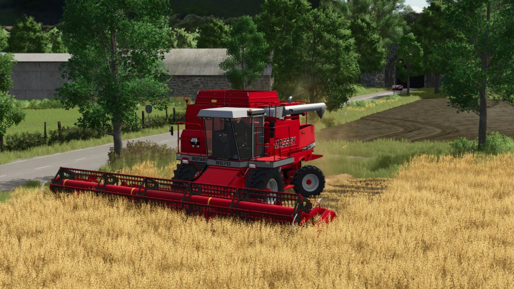 fs25-mods,  Red harvester working in a wheat field in FS25 mod Draper Stream 900 v1.0.0.4.