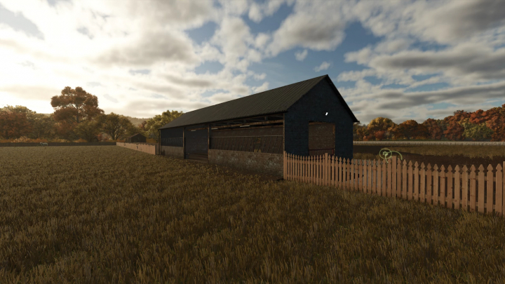 fs25-mods,  FS25 mods: English Style Sheep Barn in a scenic countryside setting, featuring trees and a fence, compatible with Farming Simulator 25.