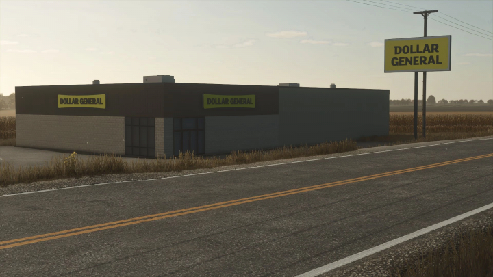 fs25-mods, FS25 Dollar General mod, a realistic store building adjacent to a road in Farming Simulator 25.