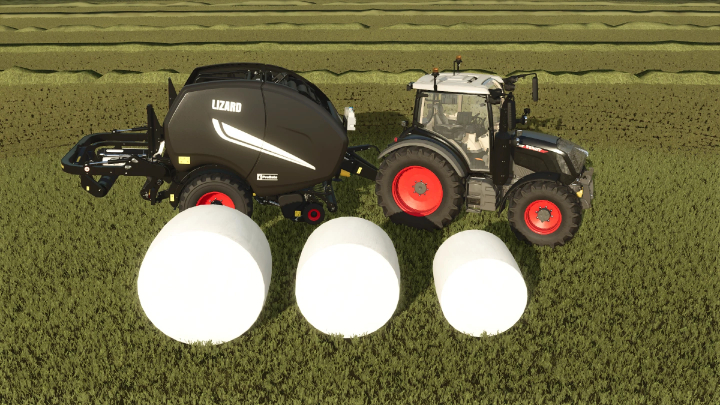 fs25-mods, FS25 Lizard ProBale mod shows a tractor with baler and bales on a field in Farming Simulator 25.