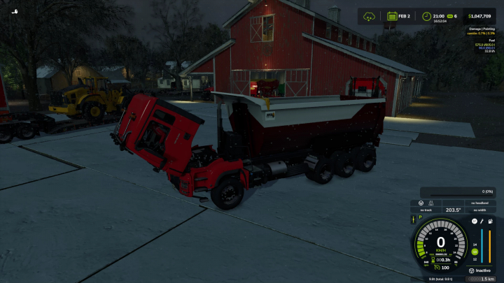 fs25-mods,  FS25 Man Dumper v1.0.0.0 mod shown at night near a red barn in Farming Simulator 25.