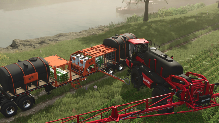 fs25-mods,  FS25 Phiber Dash v0.9.0.1 mod showing agricultural machinery by a river in Farming Simulator 25.