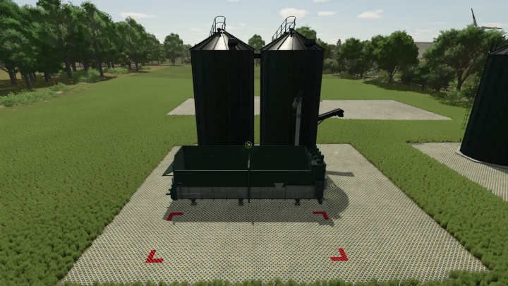 fs25-mods, FS25 mod Feed mixer v1.0.0.0 in a green field setting, showcasing twin silos for efficient farming processes in Farming Simulator 25.