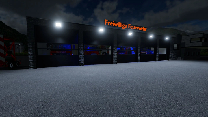 fs25-mods,  FS25 mod Fire Station v1.0.0.0 at night with fire trucks inside, illuminated sign reading 'Freiwillige Feuerwehr'.