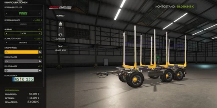 fs25-mods,  FS25 mod Forest Trailer v1.0.0.0 in a garage, showcasing configuration options.