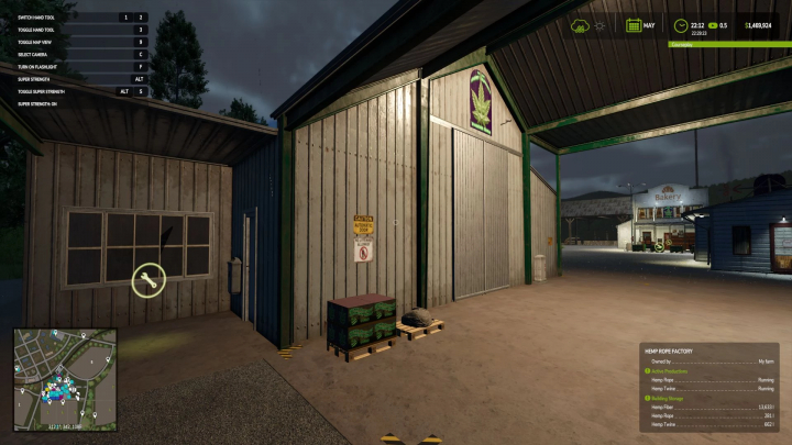 fs25-mods,  Image of a hemp rope factory in Farming Simulator 25 mod Hemp Production System v1.2.0.0, showing storage area and controls at dusk.