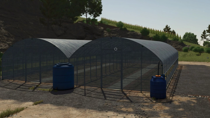 fs25-mods,  FS25 mods: Improved rice greenhouse v1.0.0.0 in Farming Simulator 25 showcasing a large greenhouse with water tanks.