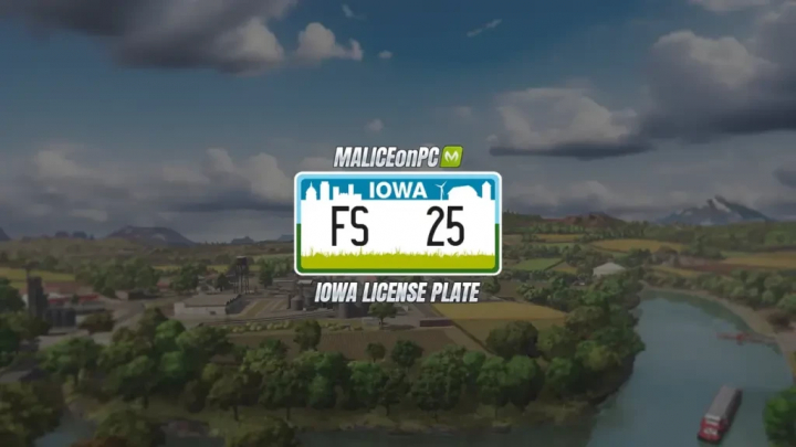 fs25-mods,  Iowa License Plate v1.0.0.0 mod for FS25, showcasing custom vehicle plates in a scenic farming landscape from Farming Simulator 25.