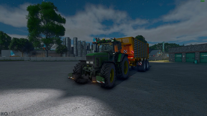 fs25-mods,  FS25 mod John Deere 7810 Edit v1.0.0.0 at night with trailer, showcasing farming equipment under a starry sky.