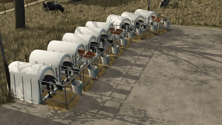 fs25-mods,  FS25 mod 'Kaelberiglu purely fictitious v1.0.0.0' shows calf hutches with cows on a farm.