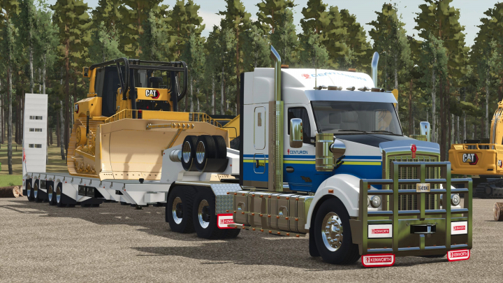 fs25-mods,  Kenworth T610 SAR truck with Caterpillar bulldozer, FS25 mod in forest setting.