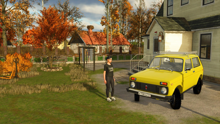 fs25-mods,  A yellow NIVA 4X4 in FS25 mod parked by a house with autumn foliage.