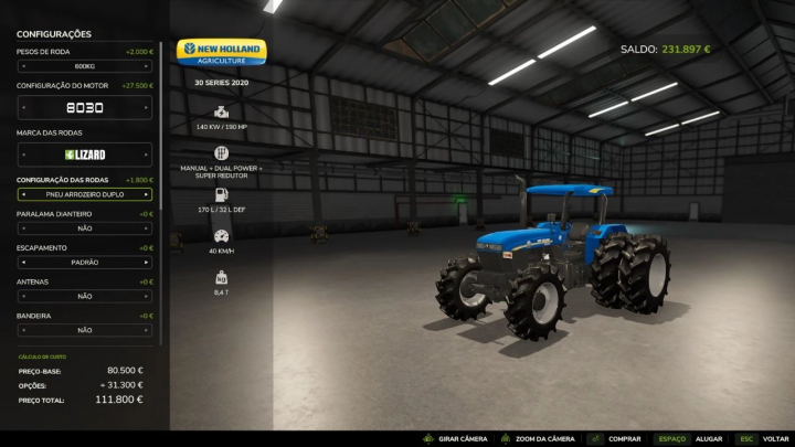 fs25-mods,  FS25 mod New Holland 30 Series 2020 displayed in a farm garage, showcasing tractor settings and costs.