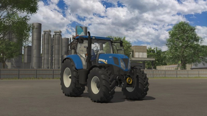 fs25-mods,  New Holland T7 2011 tractor in FS25 mod by Kizz220, parked in an industrial setting.