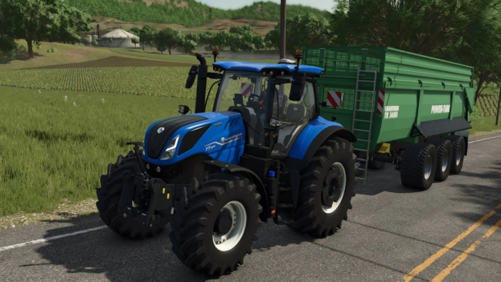 fs25-mods, New Holland T7 tractor from FS25 mods in a field with green trailer. Farming Simulator 25 mod New Holland T7 Open Pipe Sound v1.1.0.0.