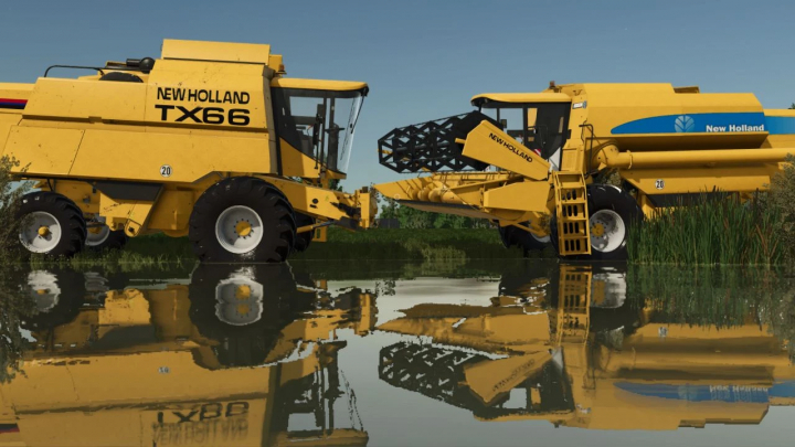 fs25-mods,  New Holland TX 66 harvester from FS25 mods reflected in water.