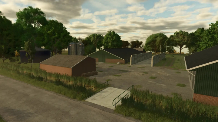 fs25-mods,  Norddeutsche Insel v1.0.2.0 mod scene in FS25 featuring farm buildings and silos amidst trees