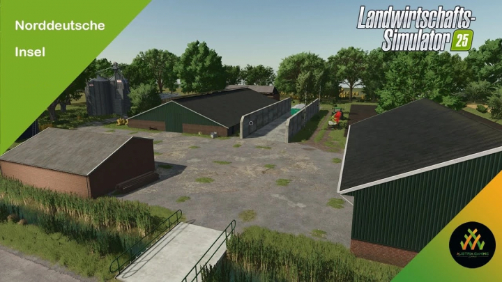 fs25-mods,  FS25 mods Norddeutsche Insel v1.0.5.0 showcasing farm buildings and lush trees in Farming Simulator 25.