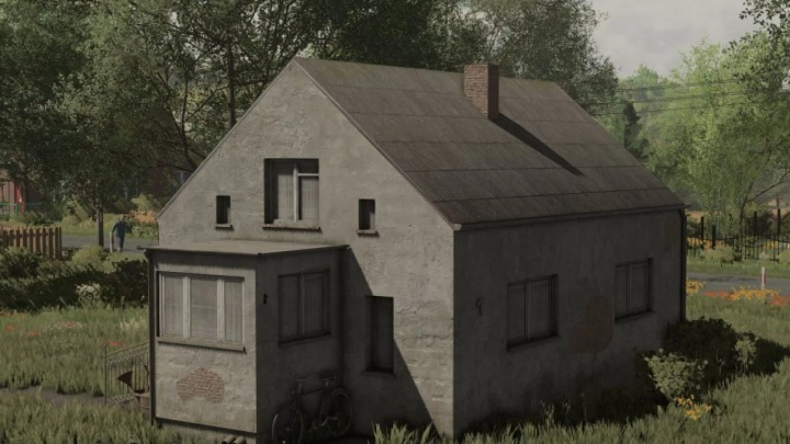 fs25-mods,  Old Polish House mod for FS25, showcasing a rustic rural home surrounded by trees and grass.