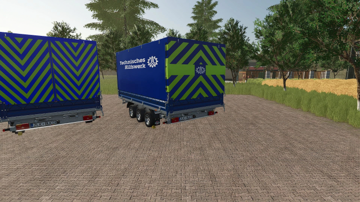 fs25-mods,  FS25 mod police trailer deployment v1.0.0.0 with blue and green design in a rural setting.