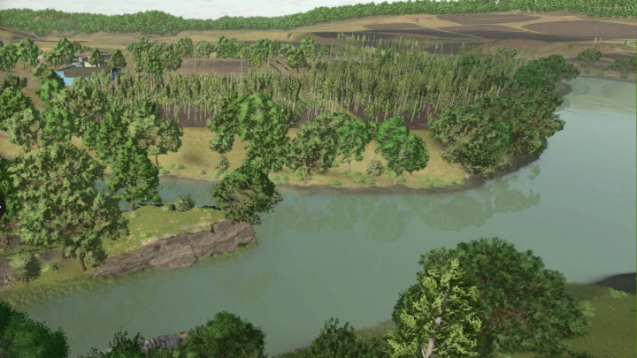 fs25-mods,  Scenic view of Riverbend Springs Undone mod in FS25, featuring lush forests and a winding river.