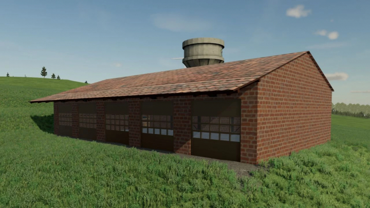 fs25-mods,  Road maintenance vehicle hall mod for FS25, featuring a brick structure with multiple garage doors.