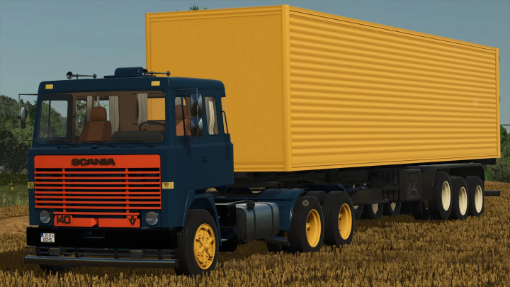 fs25-mods,  FS25 mod Scania LK 140 truck with yellow trailer in a field.