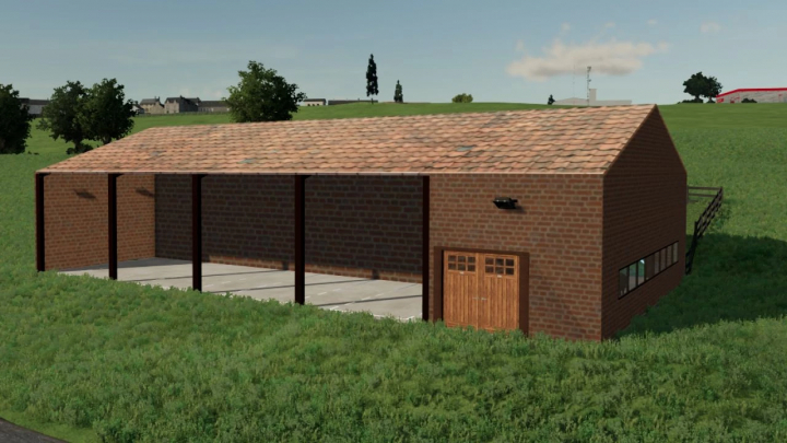 fs25-mods,  FS25 mod Schafshalle road maintenance department, brick building in grassy landscape.