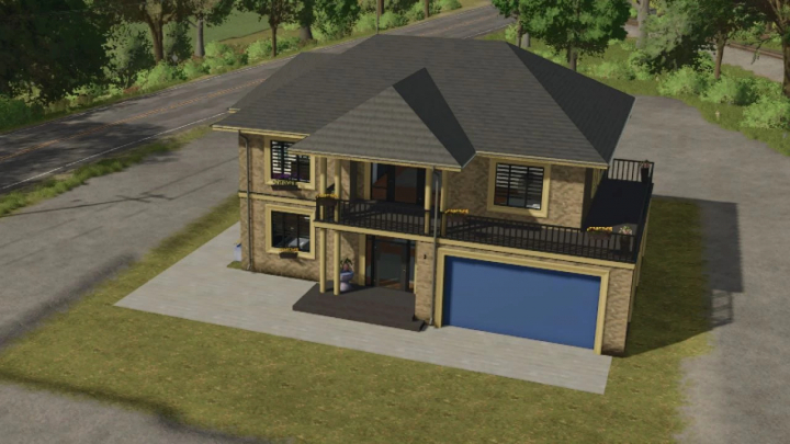 fs25-mods,  Single family home mod for Farming Simulator 25 showing a two-story house with a blue garage and balcony.