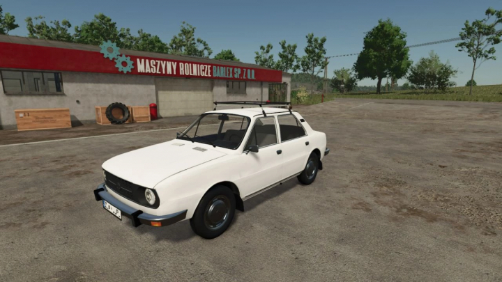 fs25-mods,  FS25 mod: Skoda 105L parked in front of a farm building, shown in Farming Simulator 25.