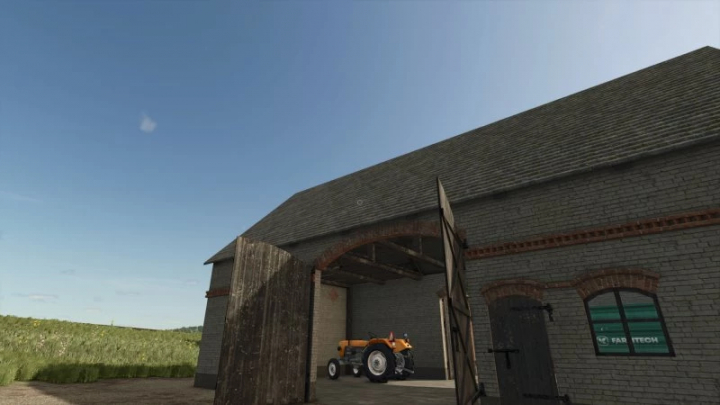 fs25-mods,  FS25 mod: Small Building With Garage v1.0.0.0 showing a rustic brick structure with open wooden doors and a tractor inside.