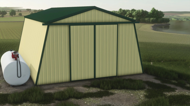 fs25-mods,  Small Lean Shed mod in FS25, featuring a green-roofed storage shed on grassy terrain.