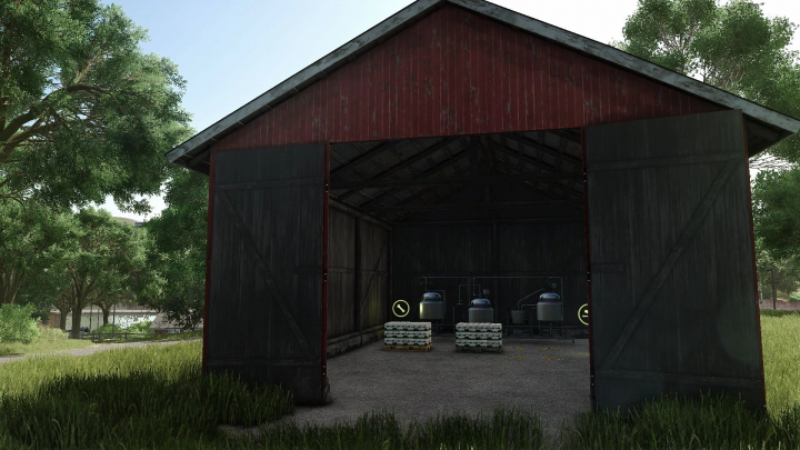 fs25-mods,  Image of Small Production No Shed mod in FS25, showing an open barn with stored pallets and machinery.