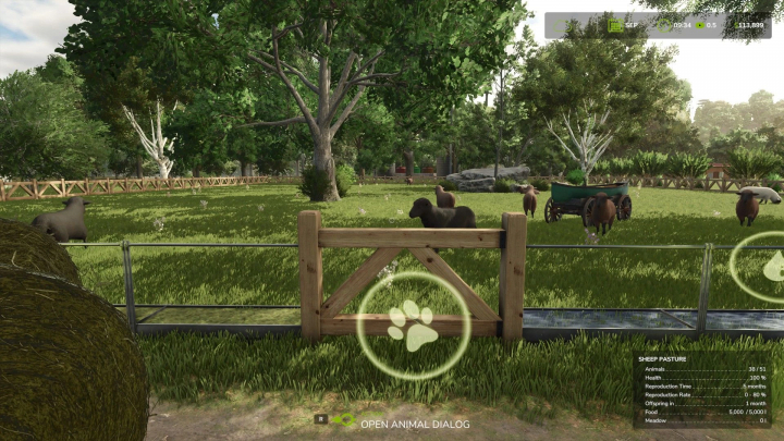 fs25-mods,  FS25 mod showing a small sheep and goat pasture with a wooden fence, featuring lush greenery and animals grazing.