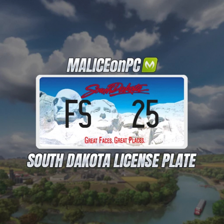 fs25-mods,  FS25 South Dakota License Plate mod image for Farming Simulator 25 featuring Mount Rushmore graphic. Mod version v1.0.0.0.