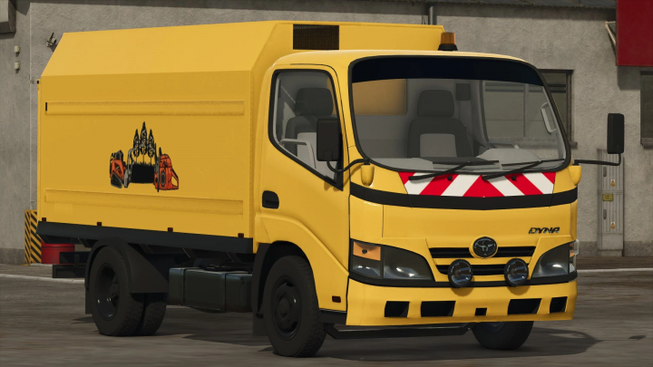 fs25-mods,  Toyota Dyna truck mod in FS25 with yellow body and red stripes.