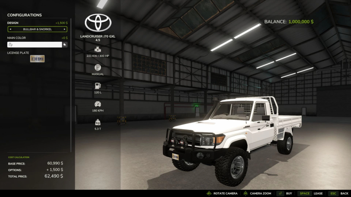 fs25-mods,  Toyota Landcruiser J70 GXL mod in Farming Simulator 25 with configurations in the garage menu.