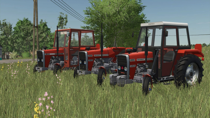 fs25-mods,  FS25 mods: Ursus (MF) 255/3512 tractors in a grassy field, showcasing bright red design in Farming Simulator 25.