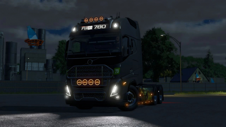 fs25-mods,  Volvo FH16 Edit mod in FS25 featuring illuminated truck at night.