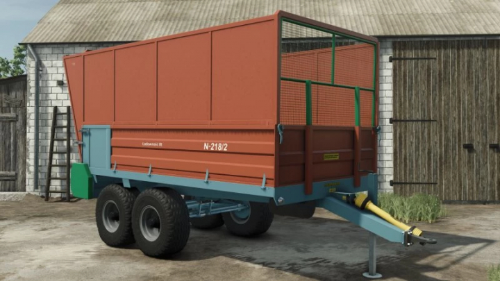 fs25-mods,  FS25 mod: Warfama N218 trailer v1.0.0.0 in Farming Simulator 25, a red agricultural trailer parked on a farm.