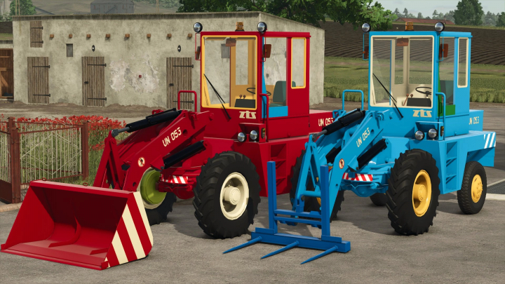 fs25-mods, Two ZTS UN 053 wheel loaders in red and blue from FS25 mods, Farming Simulator 25.