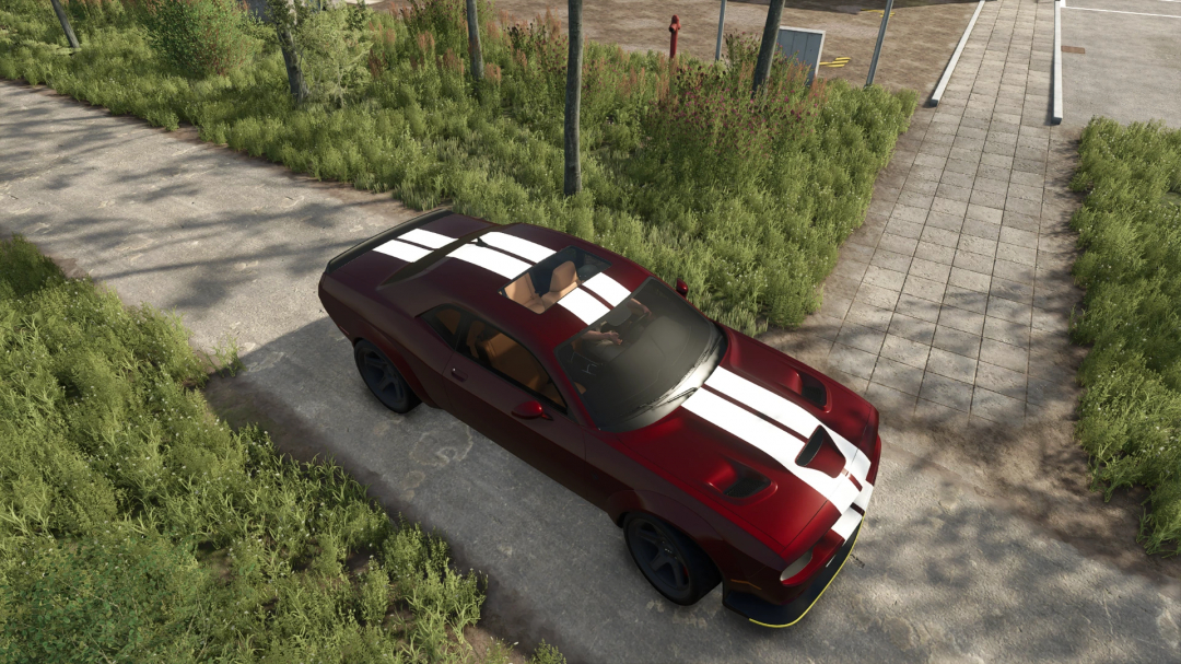 FS25 mod 2020 Dodge Challenger Widebody parked on a path with grass around. Farming Simulator 25 mod in-game view.