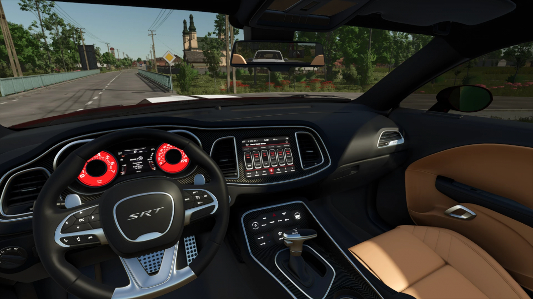 Interior view of 2020 Dodge Challenger Widebody mod in Farming Simulator 25, showcasing detailed dashboard and controls.