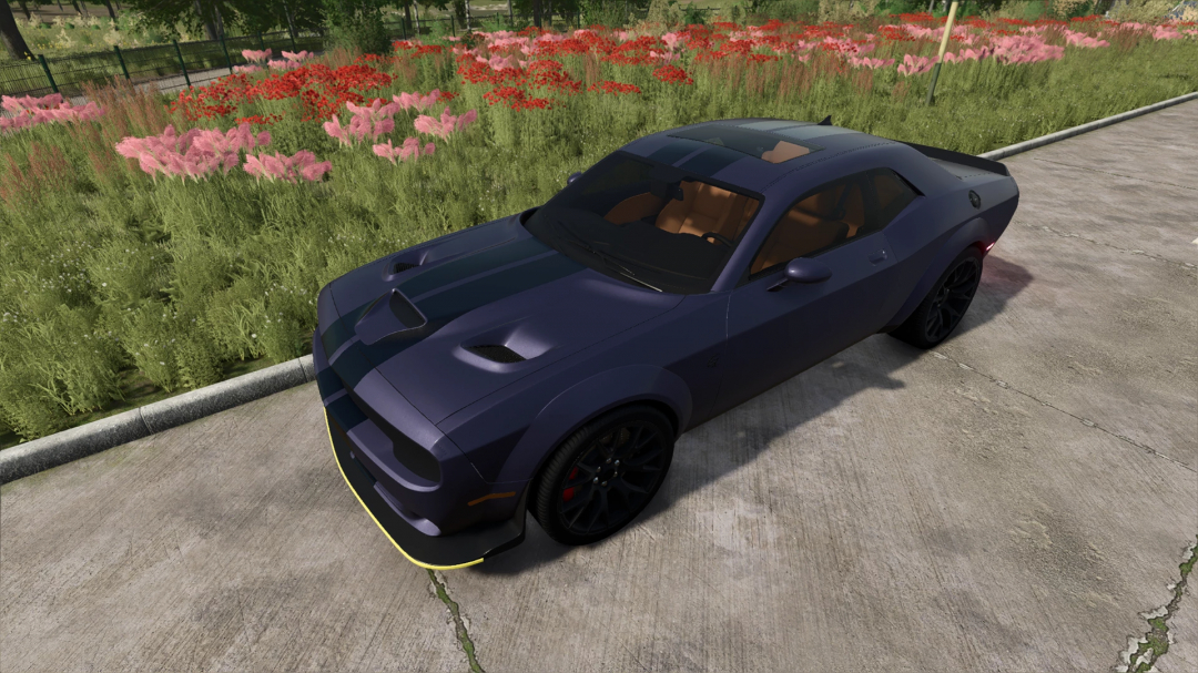 2020 Dodge Challenger Widebody mod for FS25 in a garden setting.