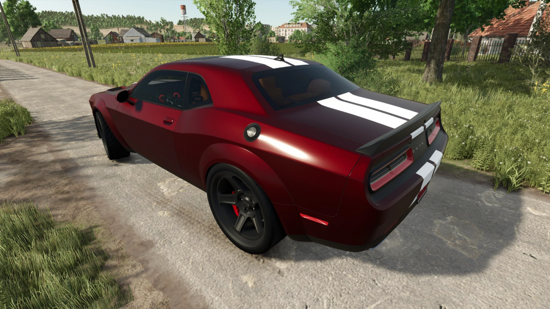 A 2020 Dodge Challenger Widebody mod in Farming Simulator 25, featuring a sleek red design with white stripes.