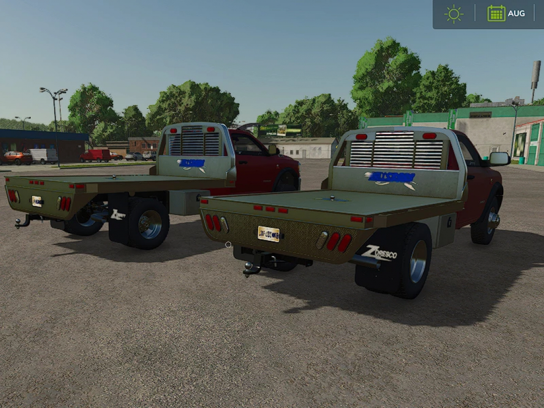 FS25 mods: 2020 Dodge Ram 5500HD Flatbed Extended shown in a Farming Simulator 25 environment.