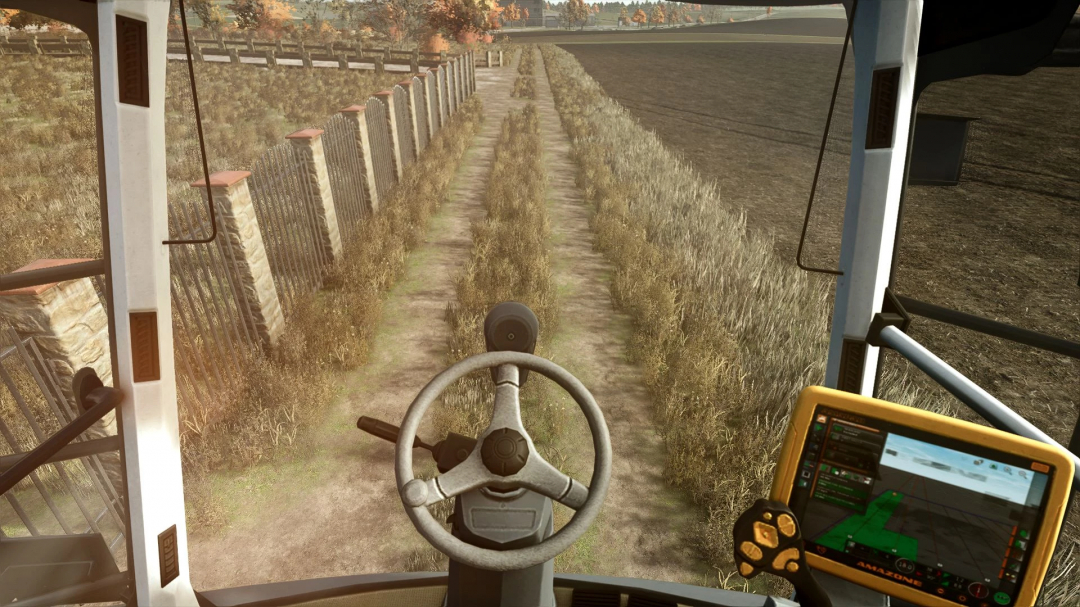 Interior view of Amazone Pantera 4502 in Farming Simulator 25 mod, showing steering wheel and control screen.